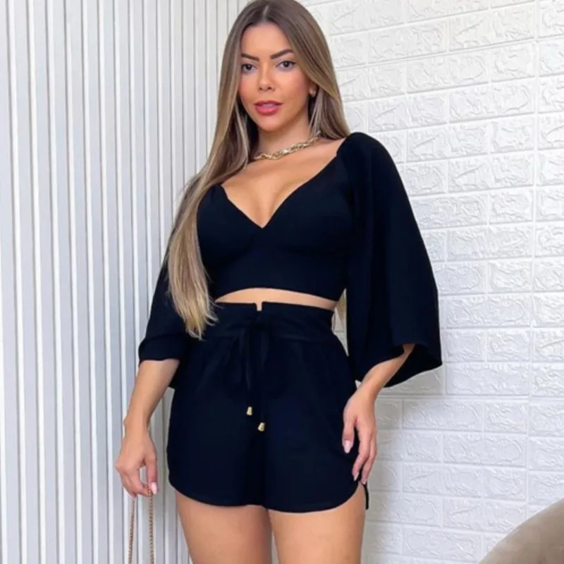 2024 Summer Fashion Solid Two Piece Sets Outfit Women\'s Sexy Backless Lace Up V Neck Flare Sleeve Shirt Tops + Loose Shorts Set