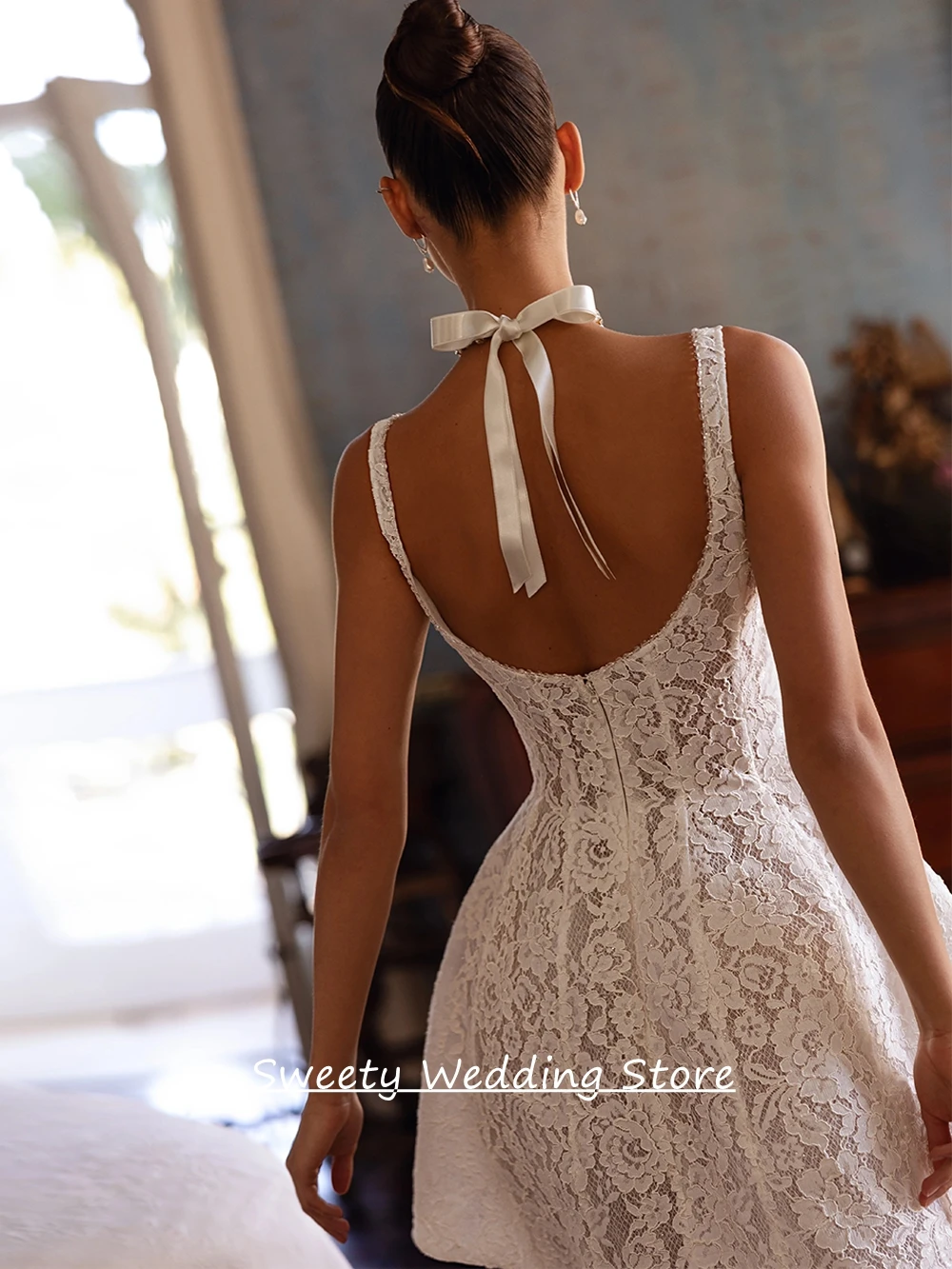 Customized Short Lace Wedding Dress Modern Sleeveless Square Neck Back Zipper A Line Mini Bridal Gown Vestidos De Novia