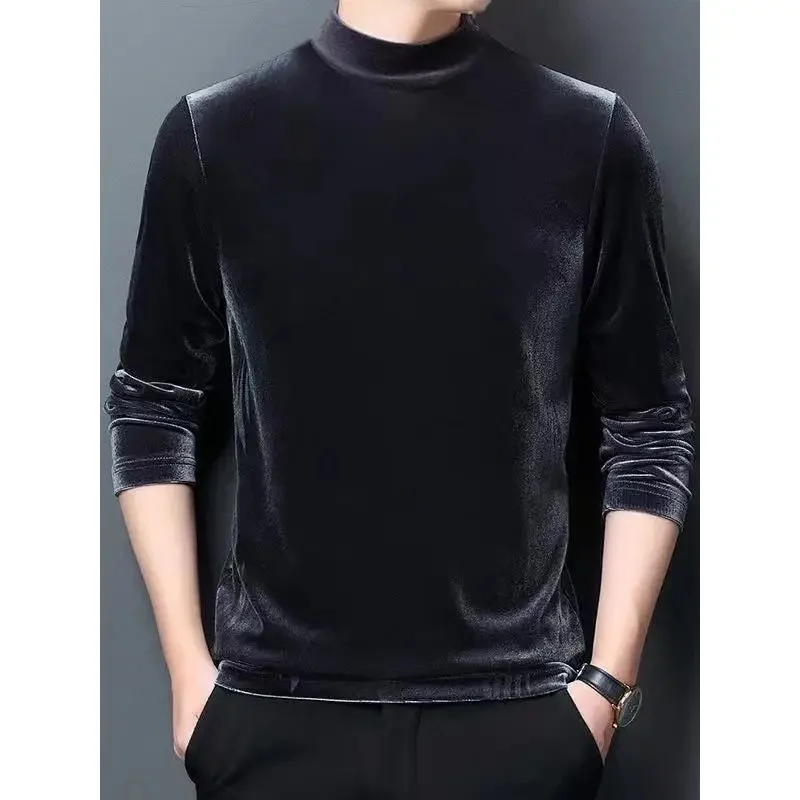 Camisola de veludo casual para homem, de manga comprida, com gola alta, quente, de corte ajustado, ideal como camada de base, modelo moderno para o ou