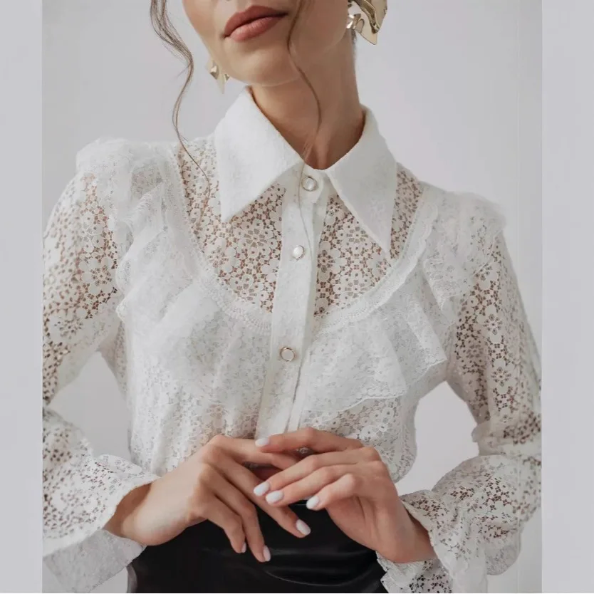 

White Sexy Lace Hollow Out Women Blouse Autumn Spring Solid Top Vintage Button Up Shirts Long Sleeve Tops Chemise Chic Elegant