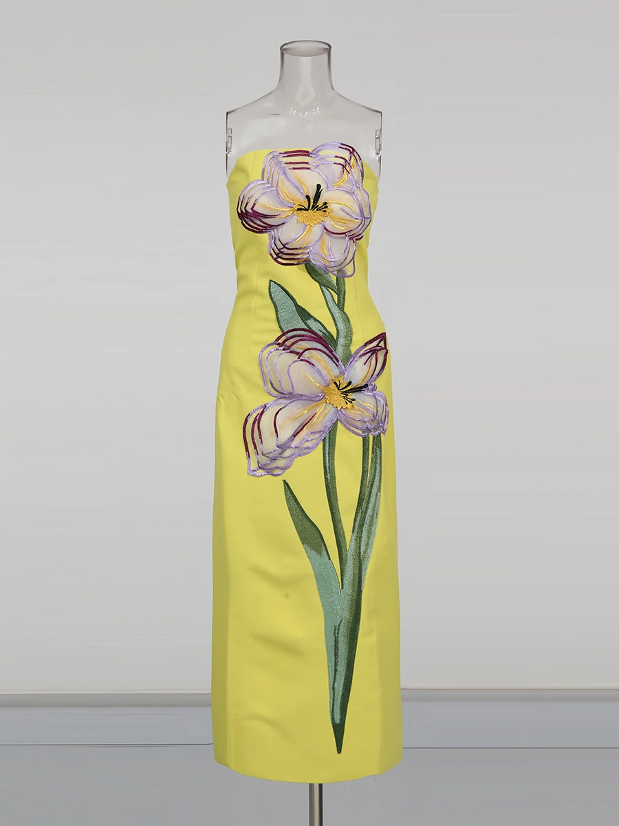 CHICEVER Orange Spliced 3D Flower Dress Female Strapless Sleeveless Slimming Temperament Women's Long Dresses Fashion Summer New