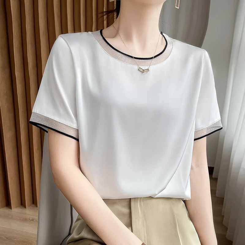 Summer New Satin T-Shirt Women's V-Neck Blouse Women's Thin Section With Bottoming Shirt And Short Sleeve Pullover