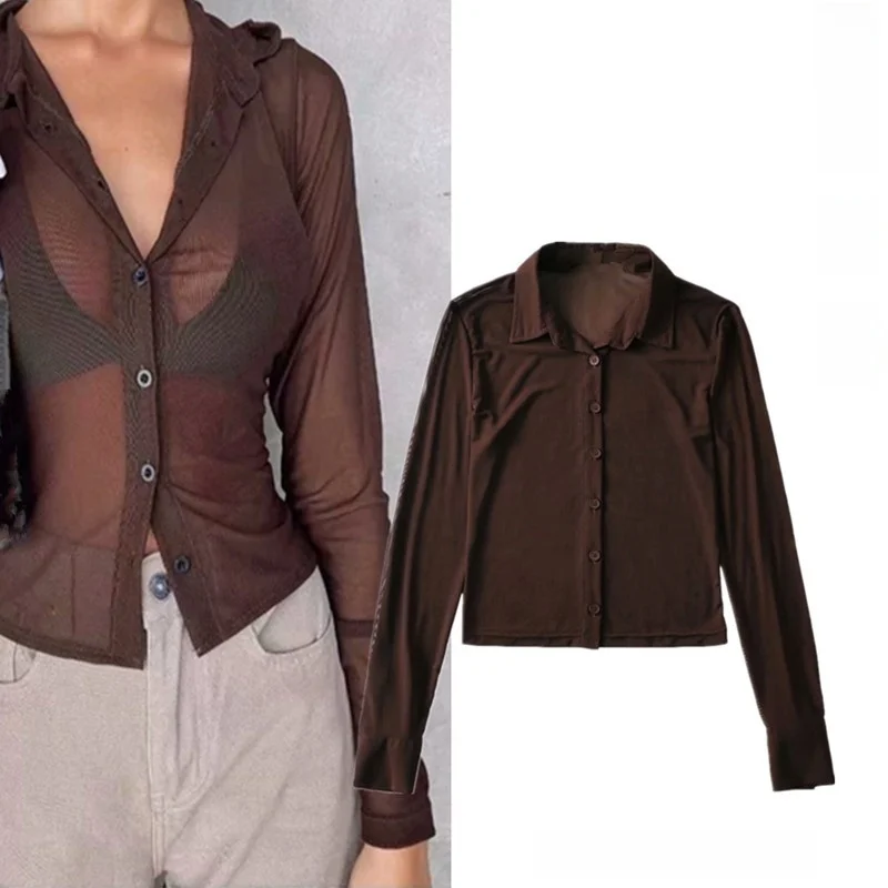 

Сексуальный американский ретро сетчатый маленький открытый кардиган на пуговицах, тонкий солнцезащитный кардиган, облегающий женский irt Street Sle C...