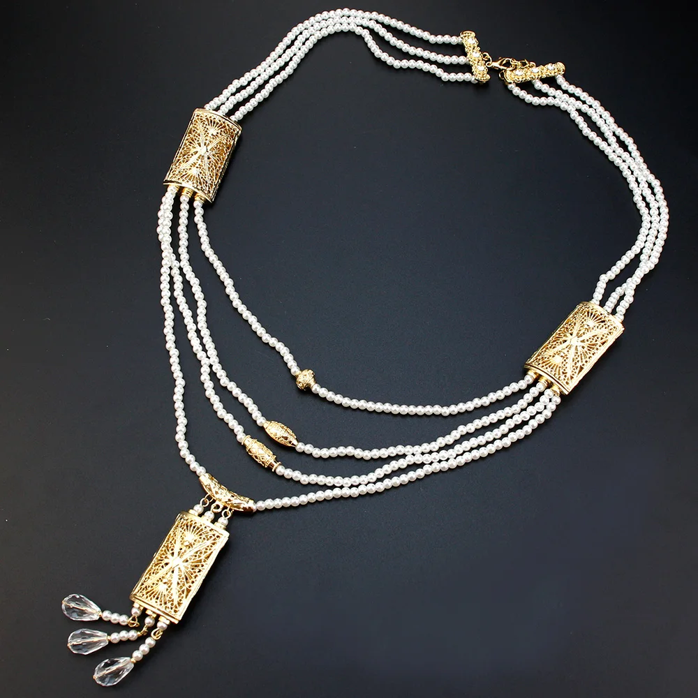 Neovisson Morocco Charm Necklace 18k Gold Color Arabic Bead Necklace Long Women Multilayer Chain Bride Wedding Jewelry