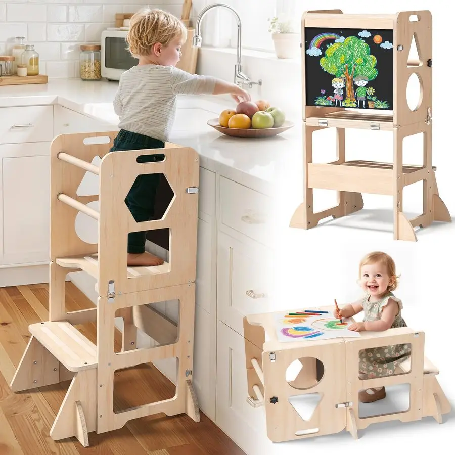 

4in1 Toddler Kitchen Step Stool, Foldable Learning Standing Tower with Blackboard, Wooden Kitchen Stool Helper for Kids, 13 Yea
