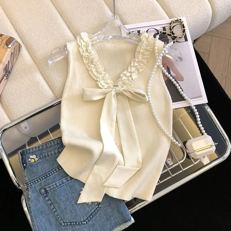 Ubrania dla kobiet letnia stylowa koronkowa kokarda prążkowana dzianina podkoszulki damska elegancka elegancka kamizelka bez rękawów z dekoltem w