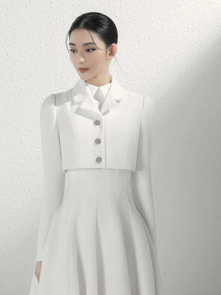 white long-sleeved suit dress designer crop jacket with big swing dress  formal dress women wedding guest - AliExpress 320