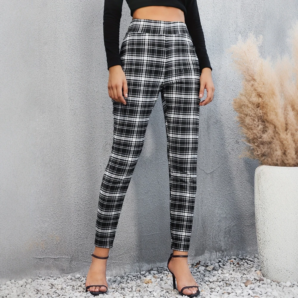 سراويل نسائية أوروبية وأمريكية عالية الخصر موضة ربيع الخريف سراويل ضيقة غير رسمية باللون الأسود والأبيض متعددة الاستخدامات