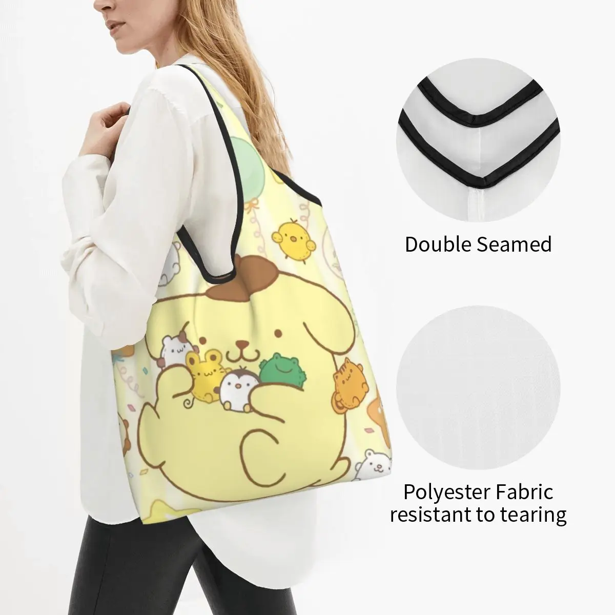 Custom Recycling Pompompurin Sanrio Cartoon Shopping Bag Women Tote Bag Portable Grocery Shopper Bags