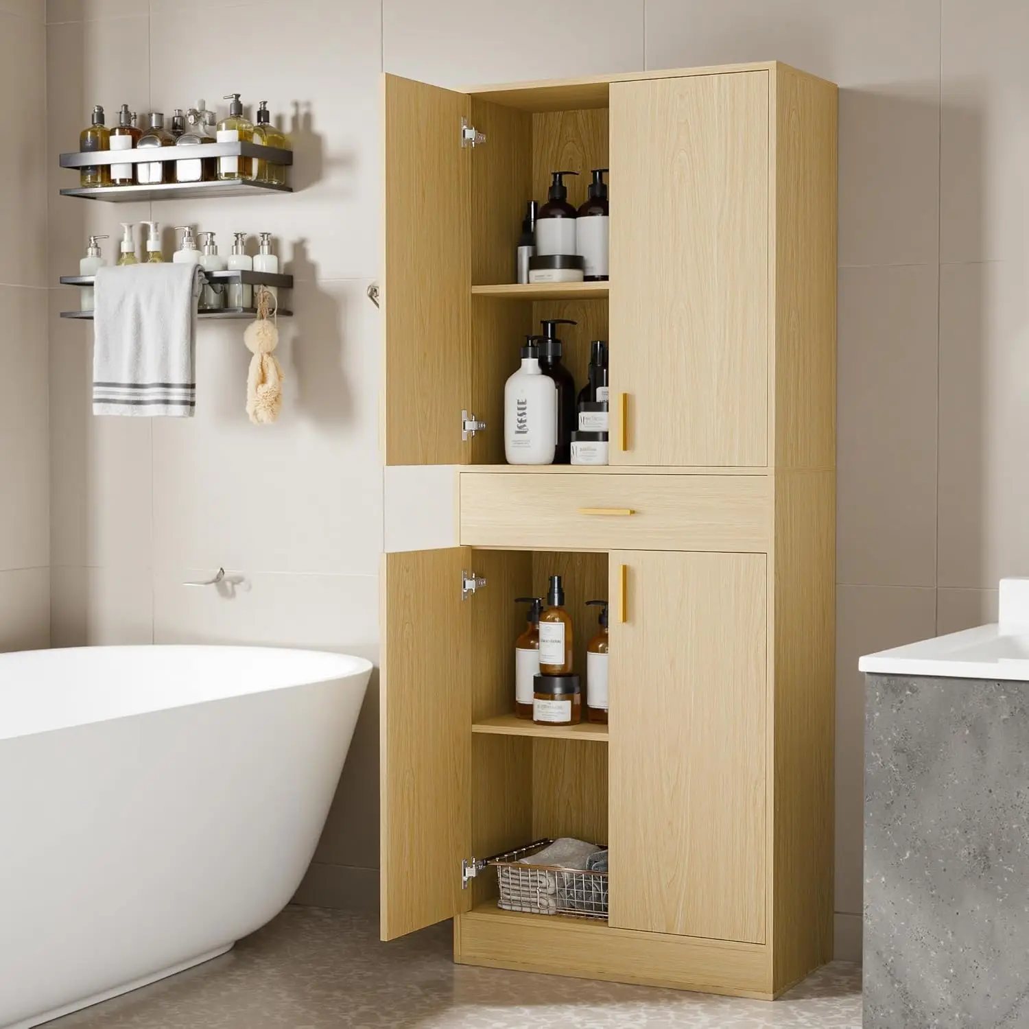 خزانة مخزن، خزانة تخزين المطبخ بطول 71 بوصة مع أبواب ورفوف، خزانة خشبية قائمة بذاتها مع درج