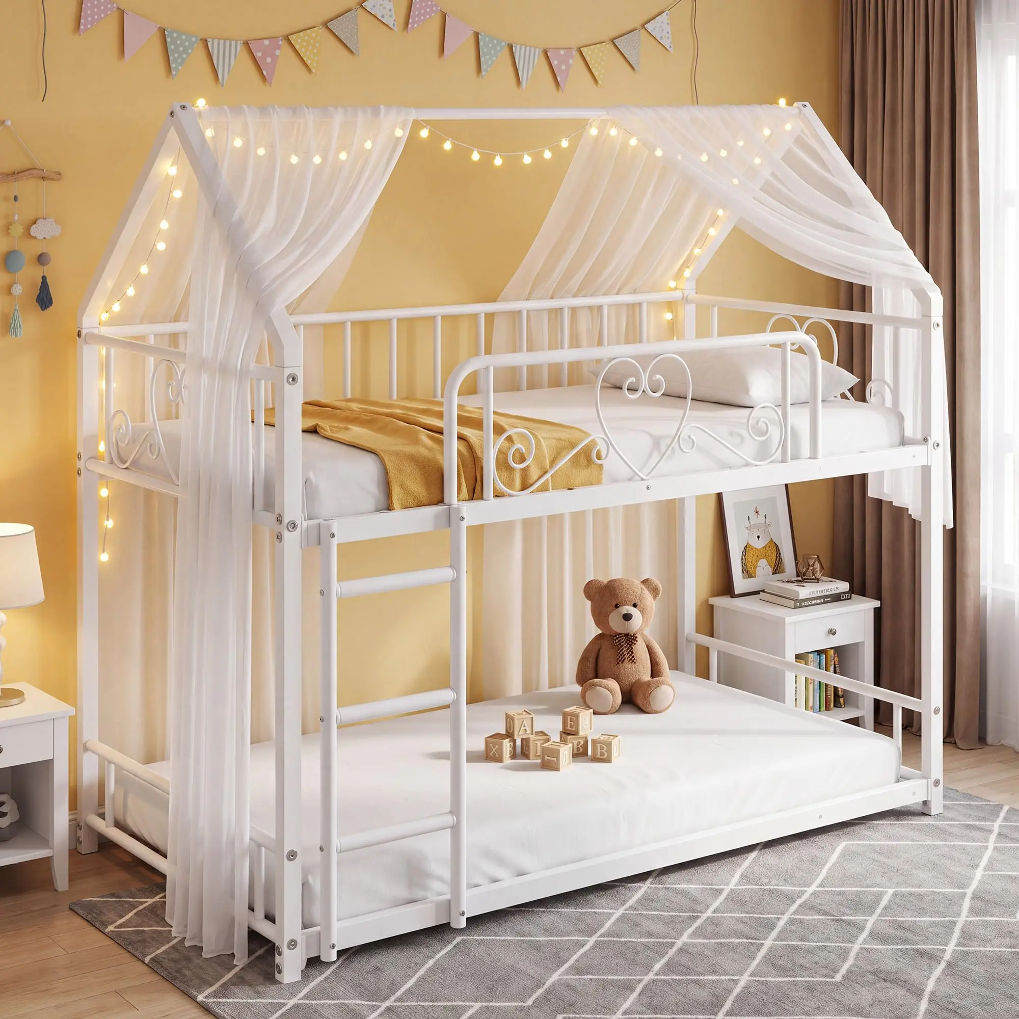Twin Over Twin Metal Bunk Bed With House Roof, Ladder & Guardrails, Heavy Duty Space Saving Kids Bedroom Bed Frame