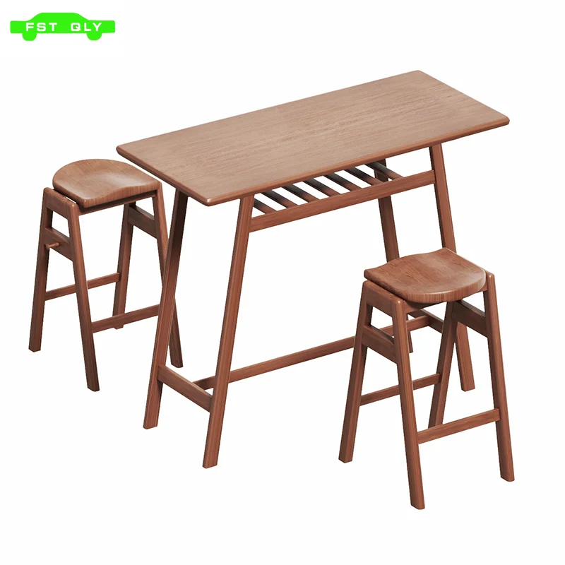 

3 PCS Pub Dining Set Retro Bar Table Rubber Wood Stackable Backless High Stool for 2 with Shelf and Hooks for Home Bar Small Spa