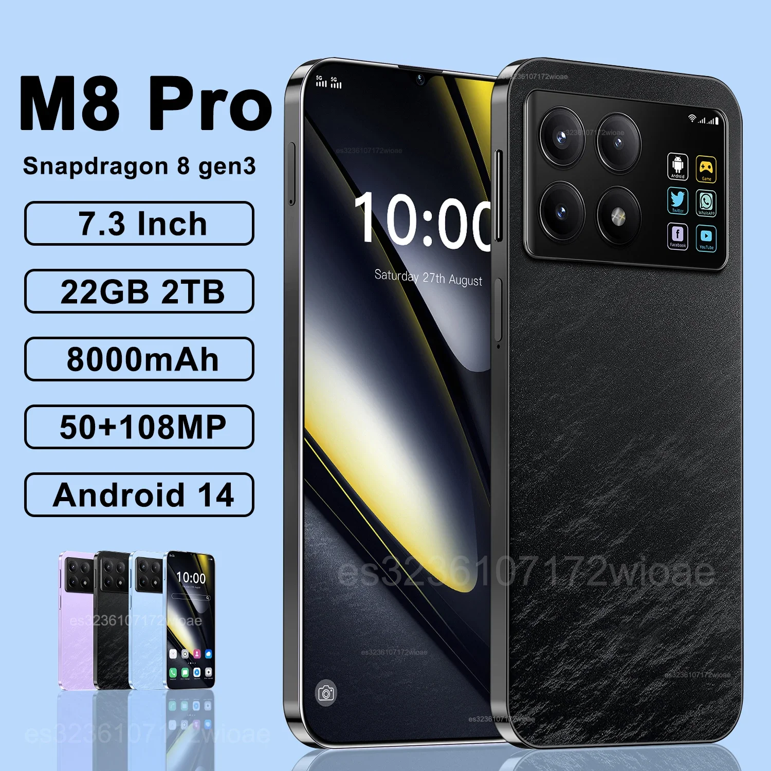 

Pooc M8 Pro Smartphone 5G 7.3inch Snapdragon 8gen3 22G+2TB Cell Phone Dual SIM Mobile Phones 8000mAh Android 14 Unlocked NFC