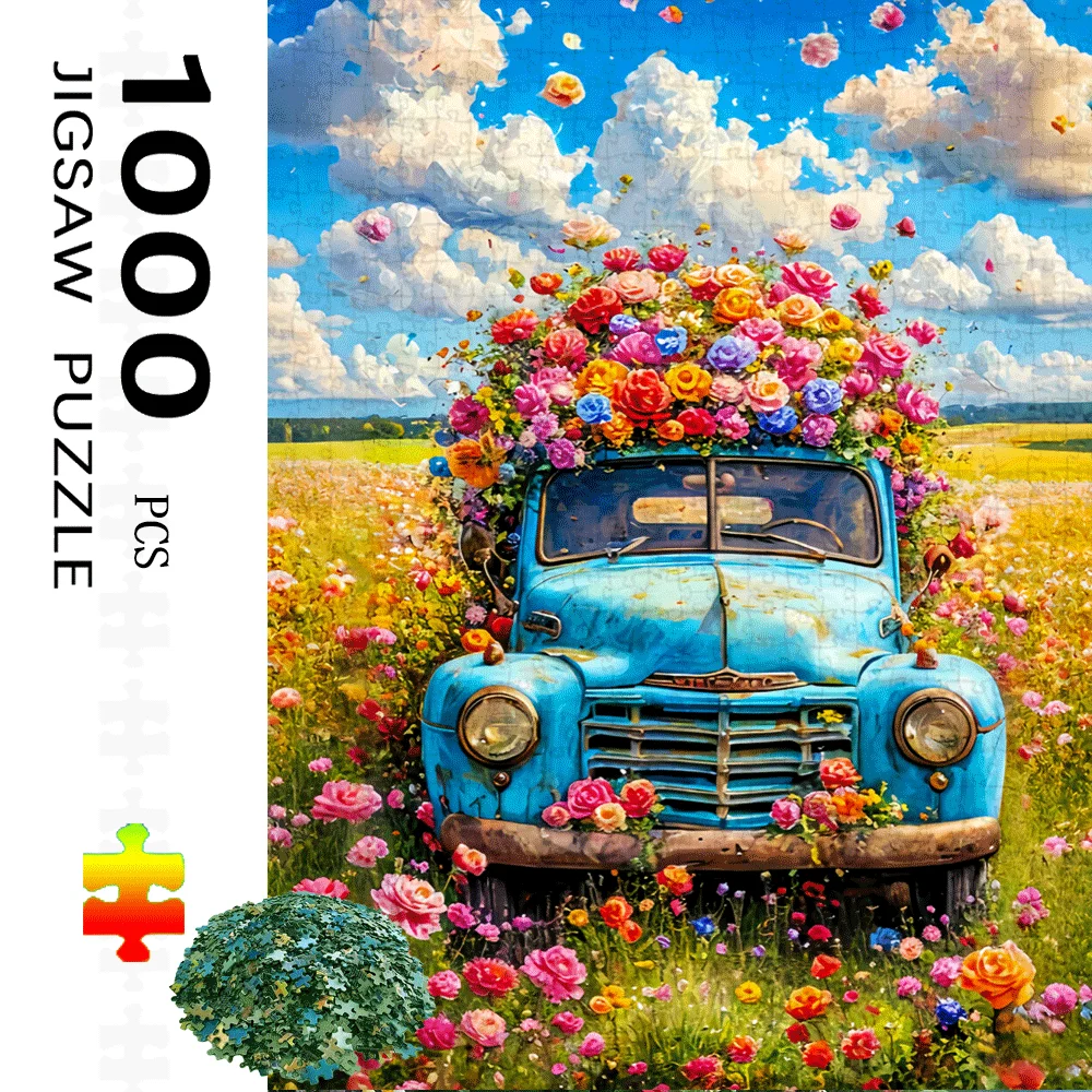 

1000 шт. большой пазл в реалистичном стиле-винтажный синий автомобиль с разноцветными цветами, вызов мозга домашнего декора своими руками, семья I
