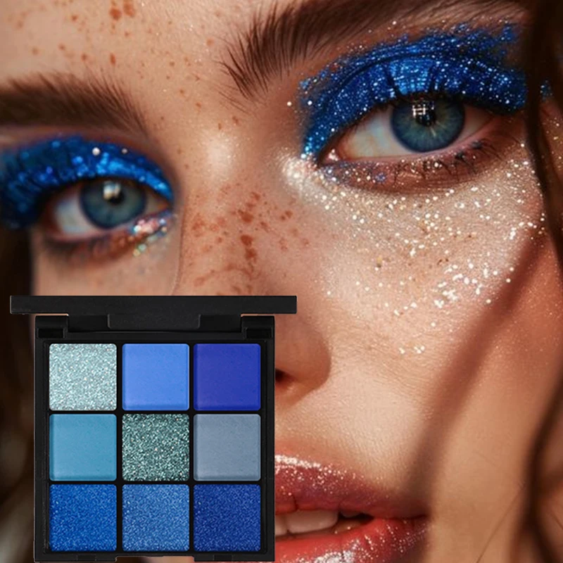 Blaue Lidschatten-Palette mit 9 Gittern, glitzernd, perlmuttartig, matt, Lidschatten, Schimmer, Make-up, langlebig, für Damen, Schönheit, Augenkosmetik