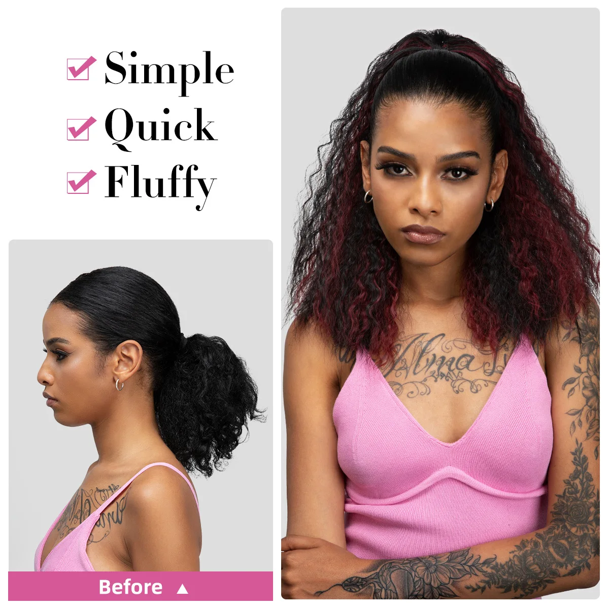 باروكات نسائية مع ذيل حصان، شعر صناعي طويل مستقيم برباط، ضفائر شعر مستعار، إكسسوارات شعر ذيل حصان ضخمة #1