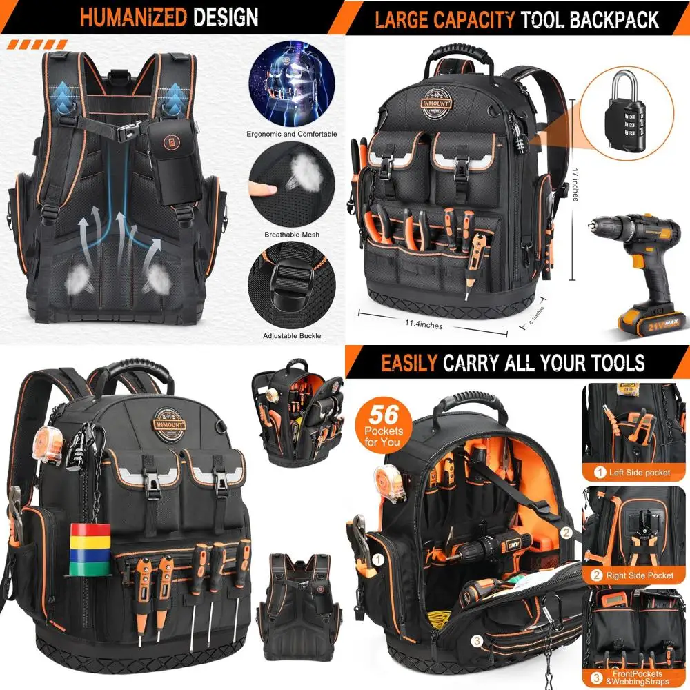 

Прочный водонепроницаемый рюкзак для инструментов с отделением для ноутбука, сумка-органайзер для электрика и HVAC, сверхпрочная и нескользящая основа, комбинированный