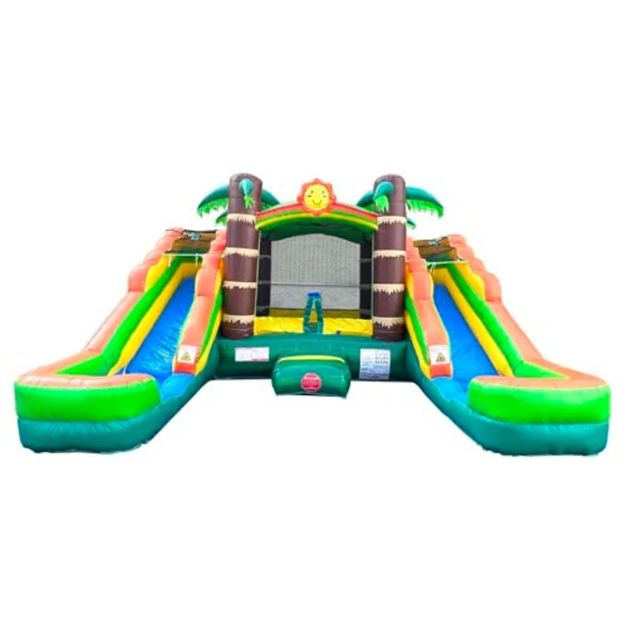 

Crossover Double Water Slide Bounce House Combo for backyard use PVC vinyl material blue and yellow color dual wet/dry slides w