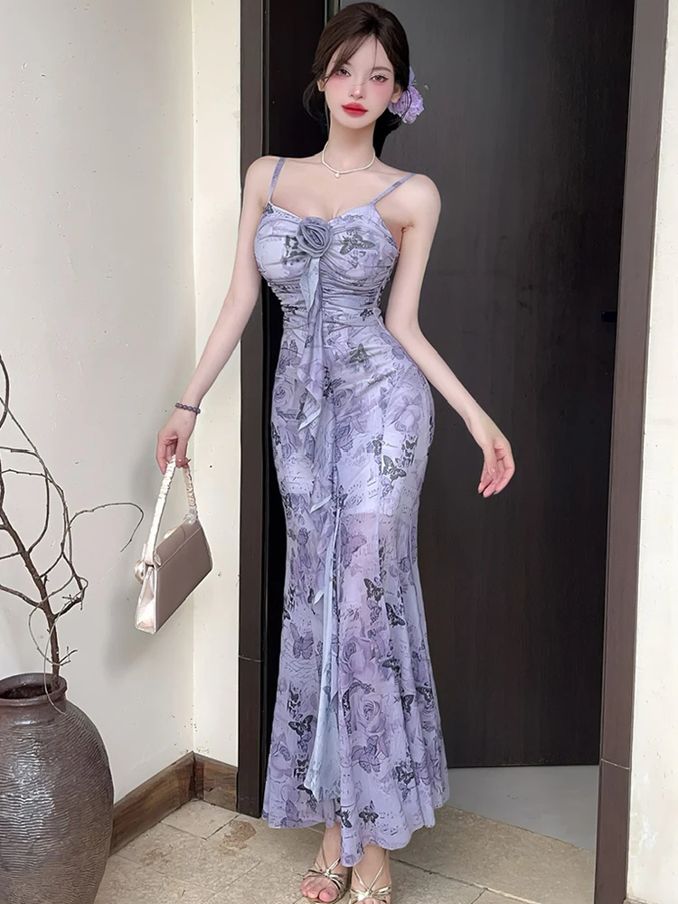 Frauen Grün Print Mesh Chic Rüschen Langes Kleid Sommer Elegante Schlinge Sexy Kleid 2025, Koreanische Mode, Figurbetontes Casual Urlaub Kleid