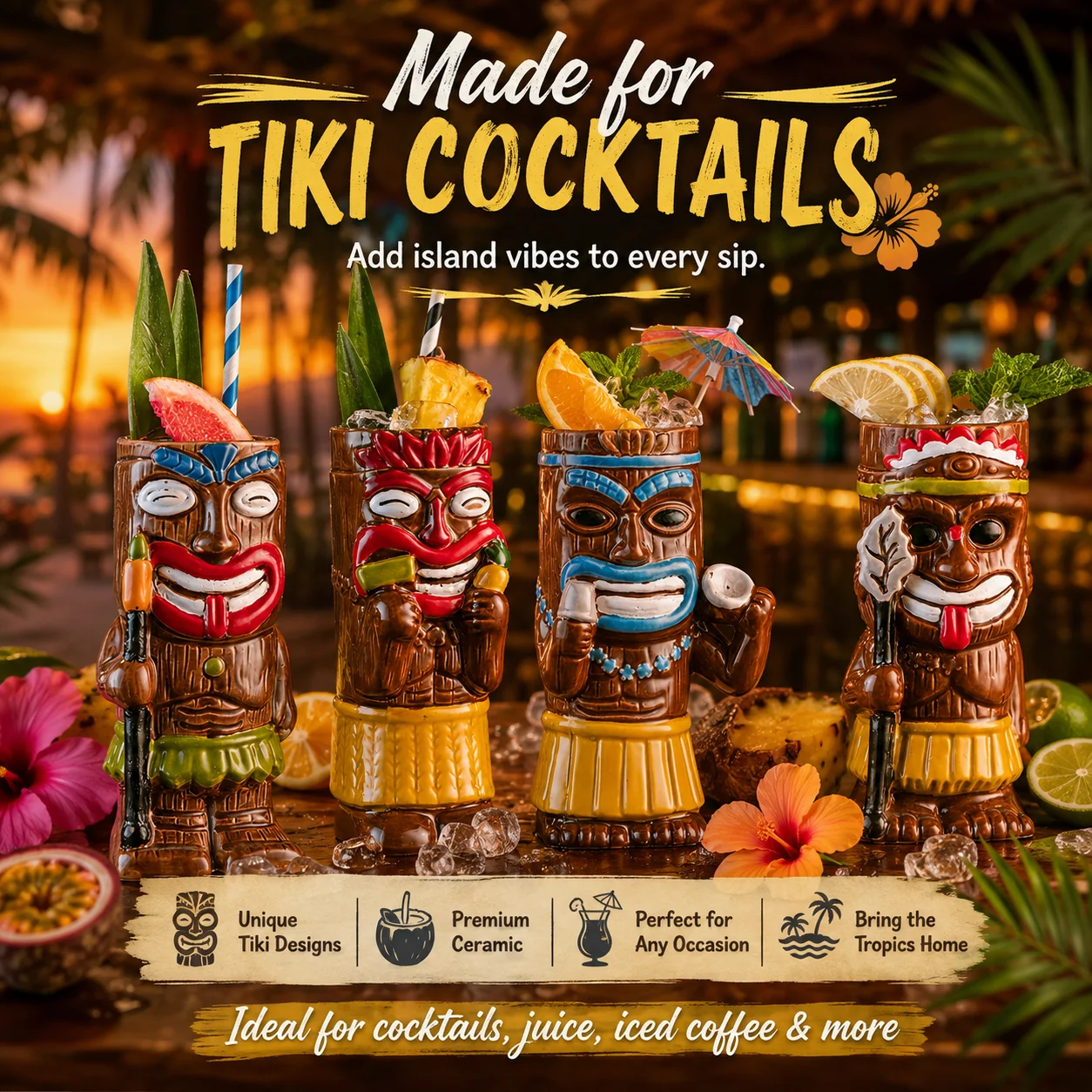 1 pc Tiki cocktail glass, Hawaiian ceramic drinking mug; suitable for bars, clubs, and restaurants—a fun, creative gift.