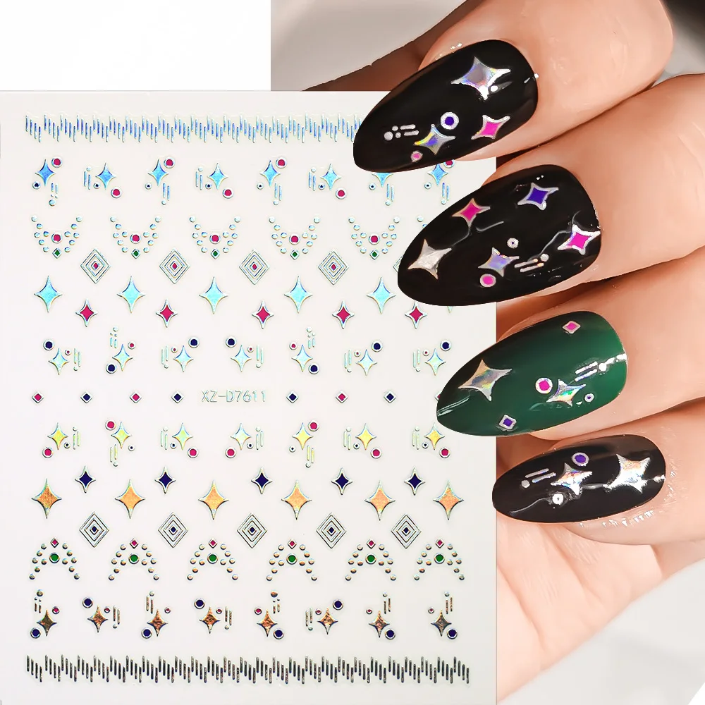 1pc 3D Aurora Curved Line French Tips Nail Art Stickers Holographic Flower Grass Decals with Crystal Manicure Decoration Sticker
