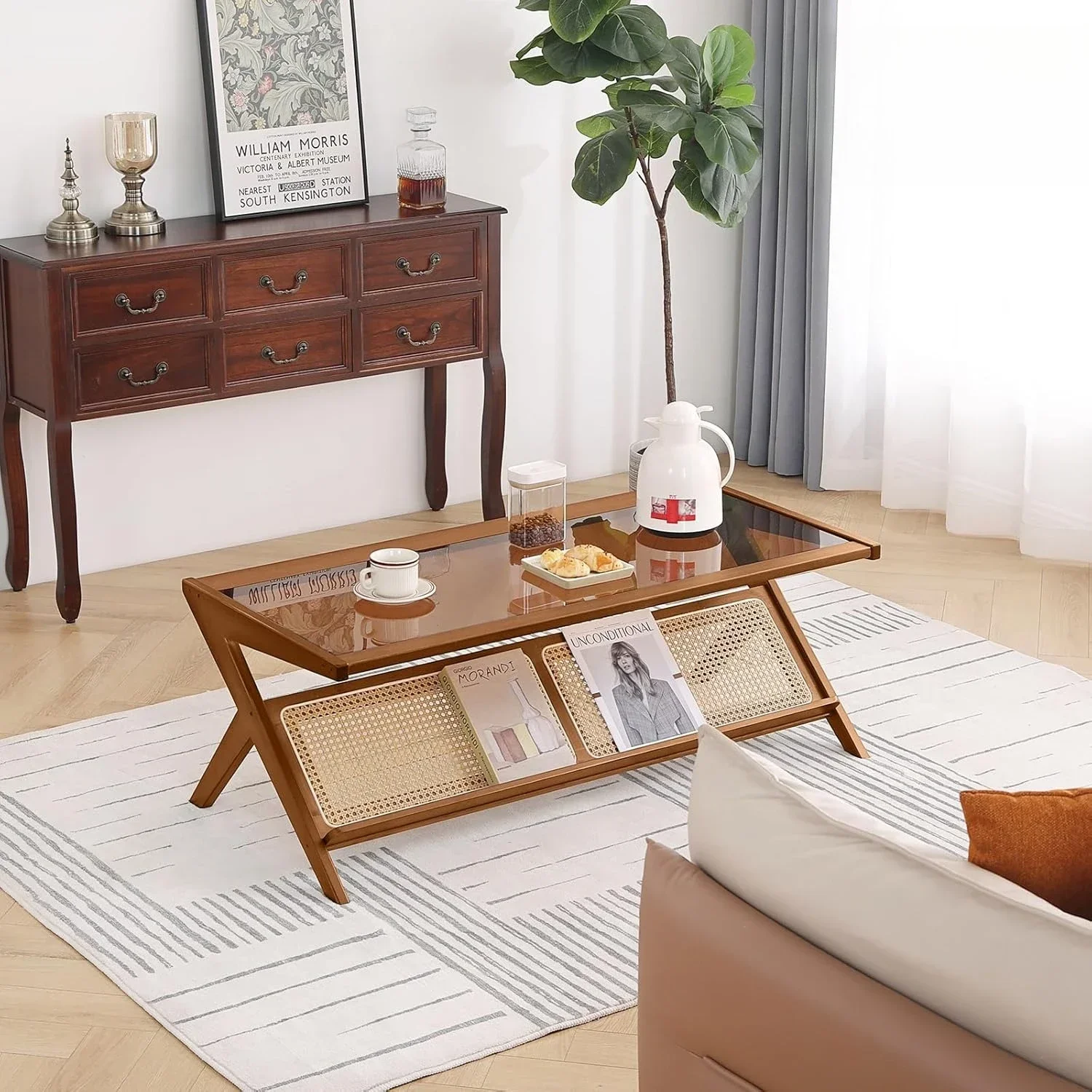 Best Seller Rattan Coffee Table,Bamboo Accent Bedside Tables, Glass Nightstand Side Table,Boho Wooden End Table with Storage