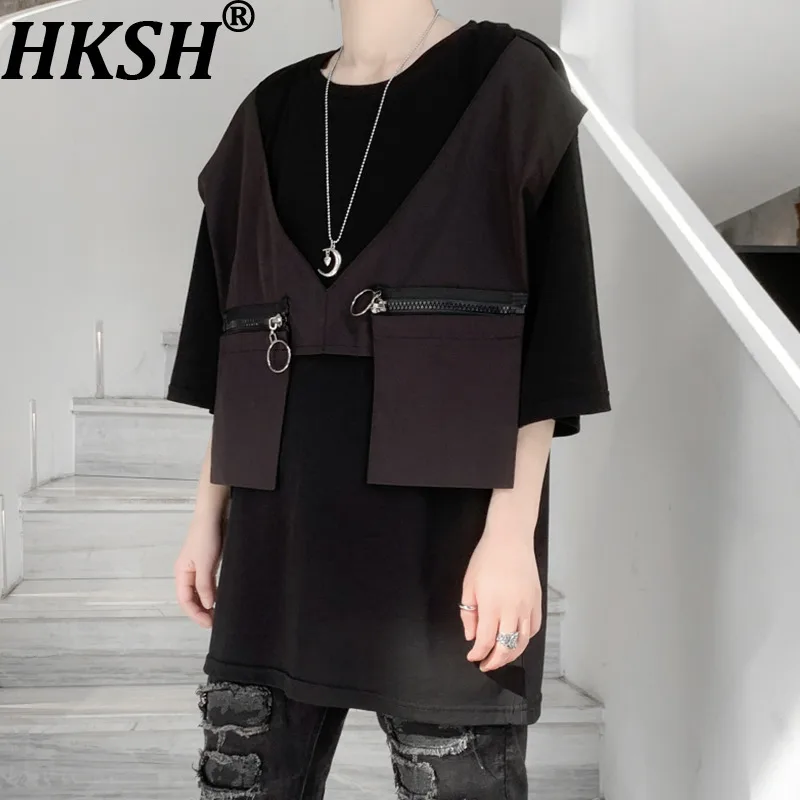 HKSH 2026 Summer New Men Tide Fake Two-Piece Short Sleeve T-shirt Loose Trendy Patchwork Round Neck Half Sleeve Tees Top HK19895