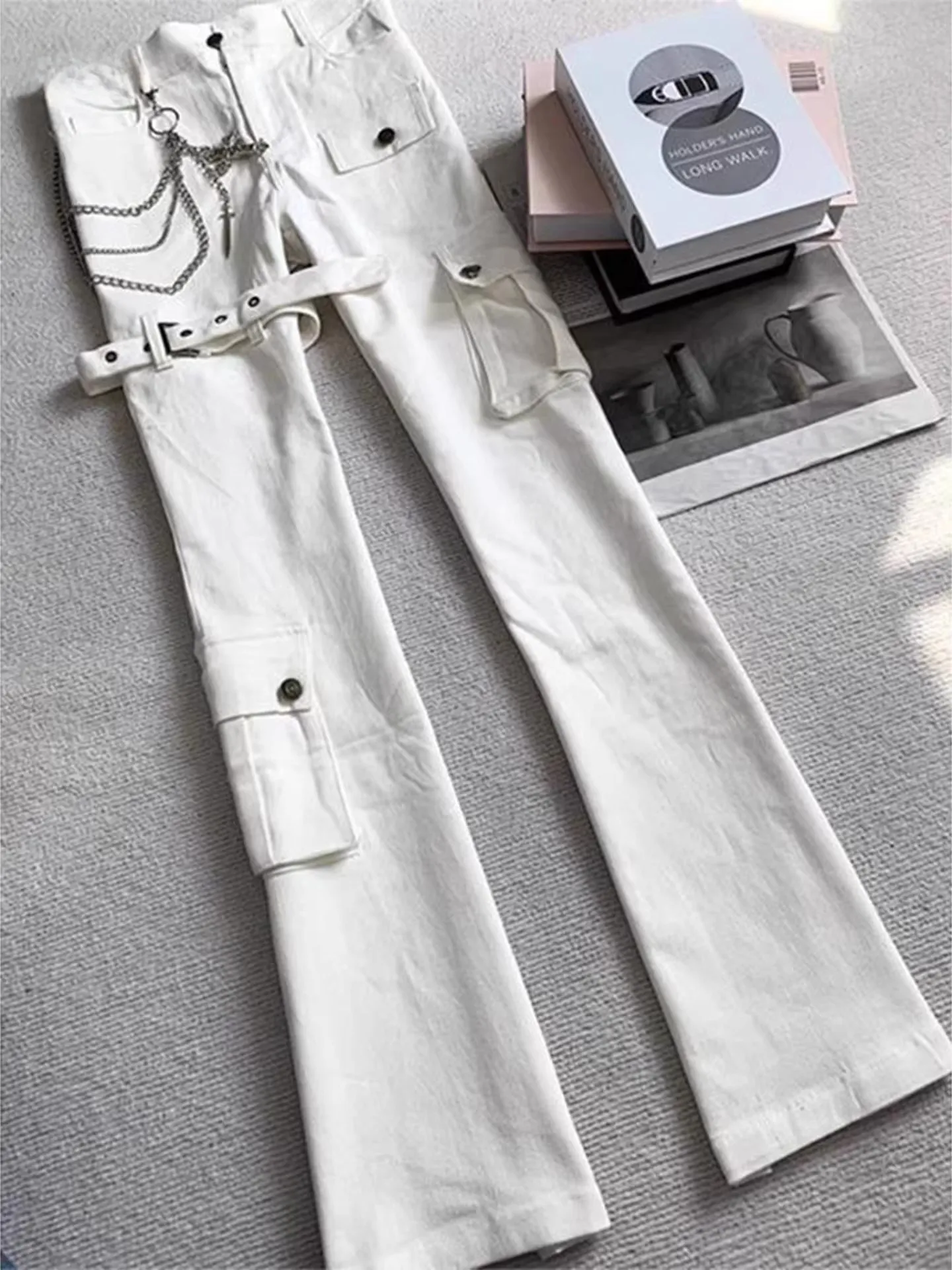 High Street Belted Flared Workwear Jeans Men's American Vibe Straight Multi Pocket Trousers Lift Slim Fit Jeans Casual Wear