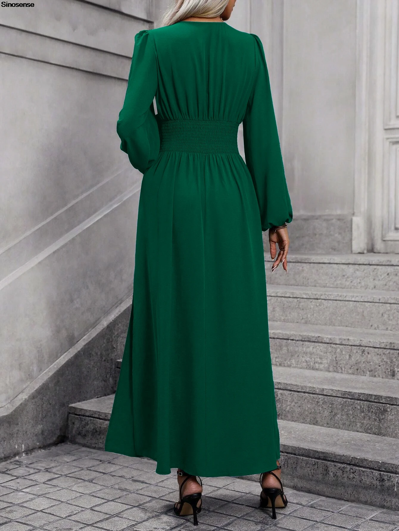 Abito lungo da donna autunnale con spacco alto, manica lunga, scollo a V profondo, abito lungo fluido a trapezio, elegante abito da cocktail party da ufficio