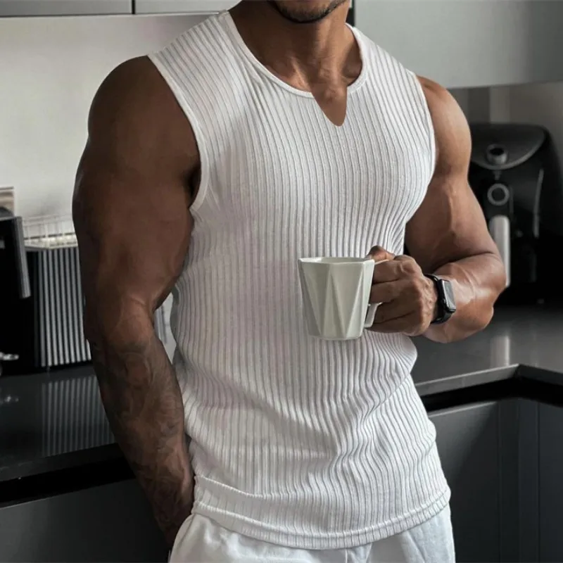 

2024 Summer NEW men Vest Knitted stripe gym Tank top Men Fitness sleeveless shirt Male Sports vest quick-drying Gyms Undershirt