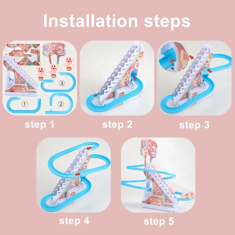 เด็กใหม่ Piglet ปีนบันไดติดตามของเล่นเป็ด DIY Electric Racing Roller Coaster ของเล่นเพลงสําหรับของขวัญเด็ก