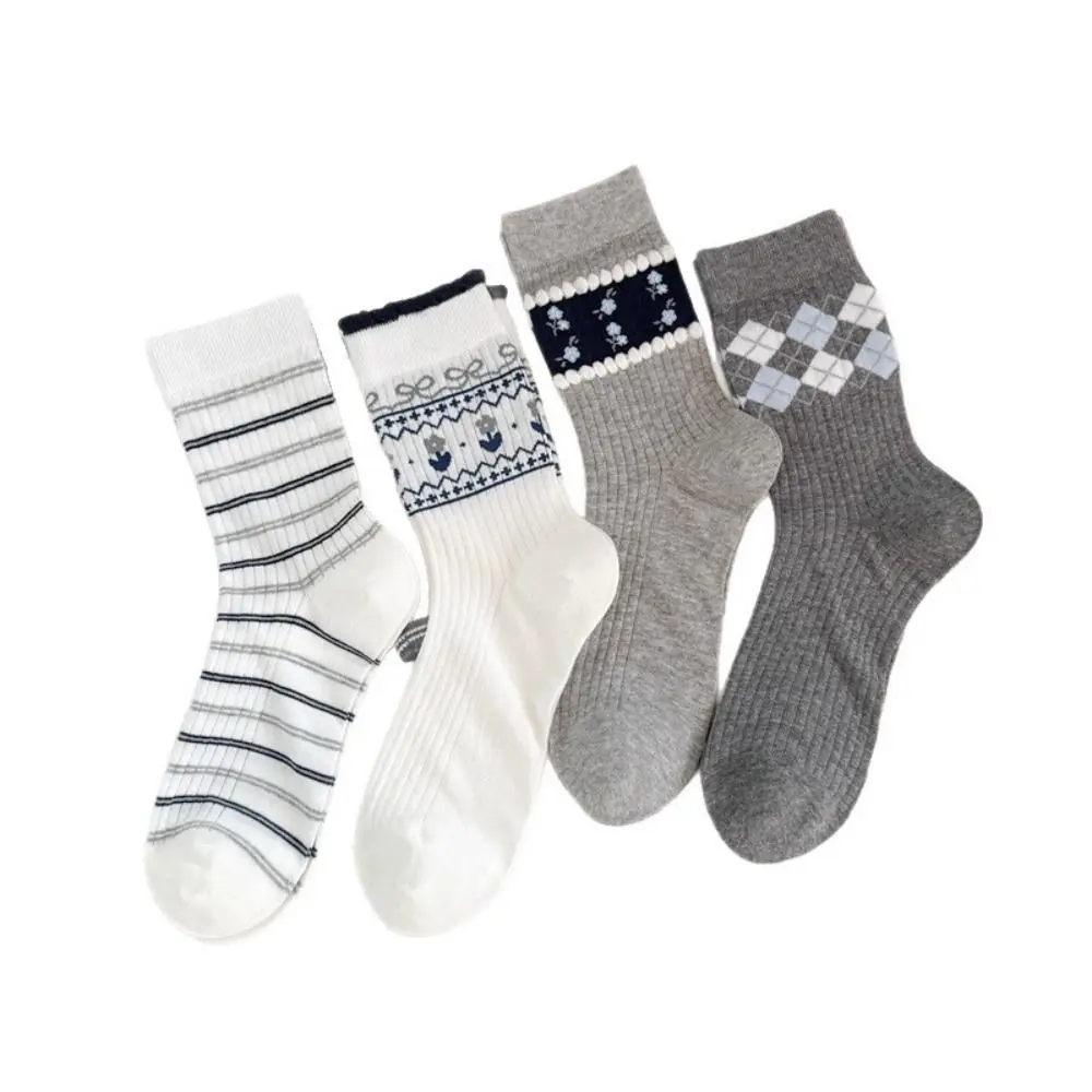 One Size Korean Style Cotton Socks Small Flower Light Mid-calf Socks Breathable Grey Checkered Boneless Pile Socks Spring Summer