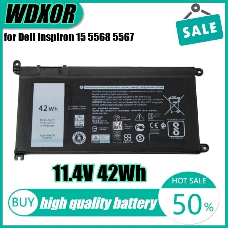 

11.4V 42Wh WDX0R Laptop Battery for Dell Inspiron 15 5568 5567 13 5368 7368 WDXOR 3CRH3 T2JX4