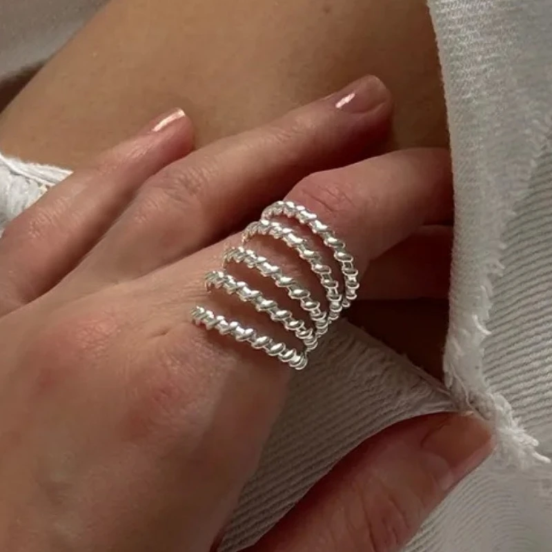 

925 Sterling Silver Geometric Multi Layer Wave Line Hip-hop Opening Ring for Women Fine Jewelry Minimalist Accessories