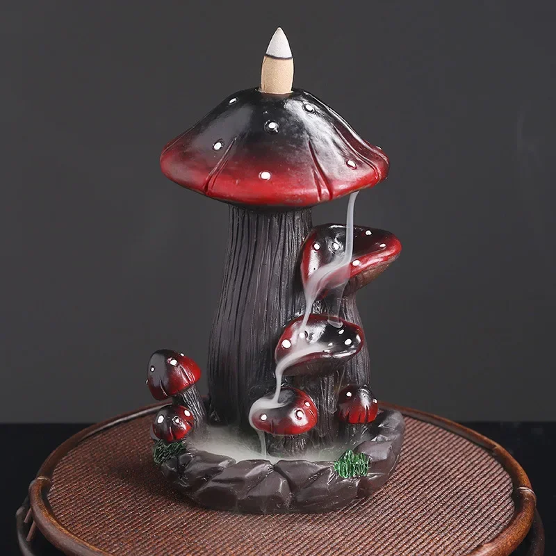 1pc, Resin Handicraft Mushroom Desktop Ornament Waterfall Backflow Incense Burner Handmade Censer Home Office Tea House Decorate