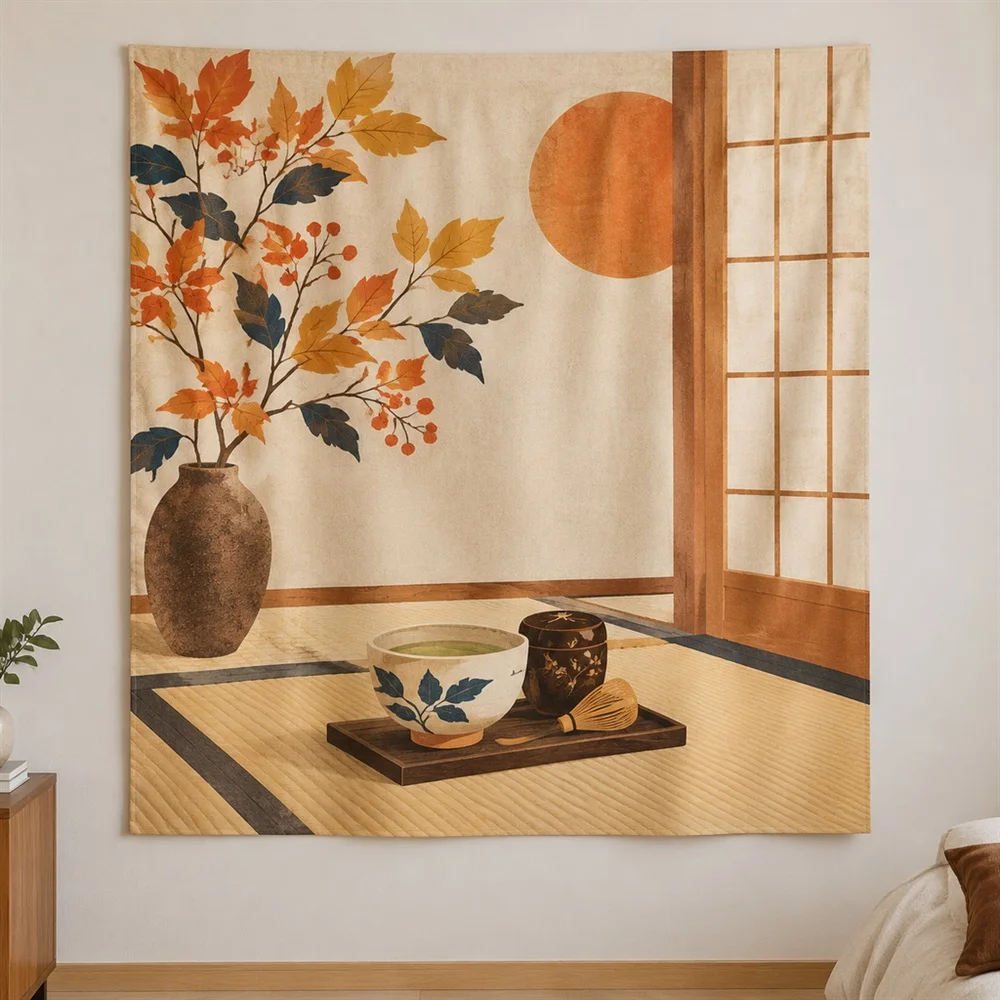 VIKAMA Tea Room Still Life Clustered Groups Tapestry Wall Hanging, Japanese Wall Decor Tapestries for Living Room Bedroom