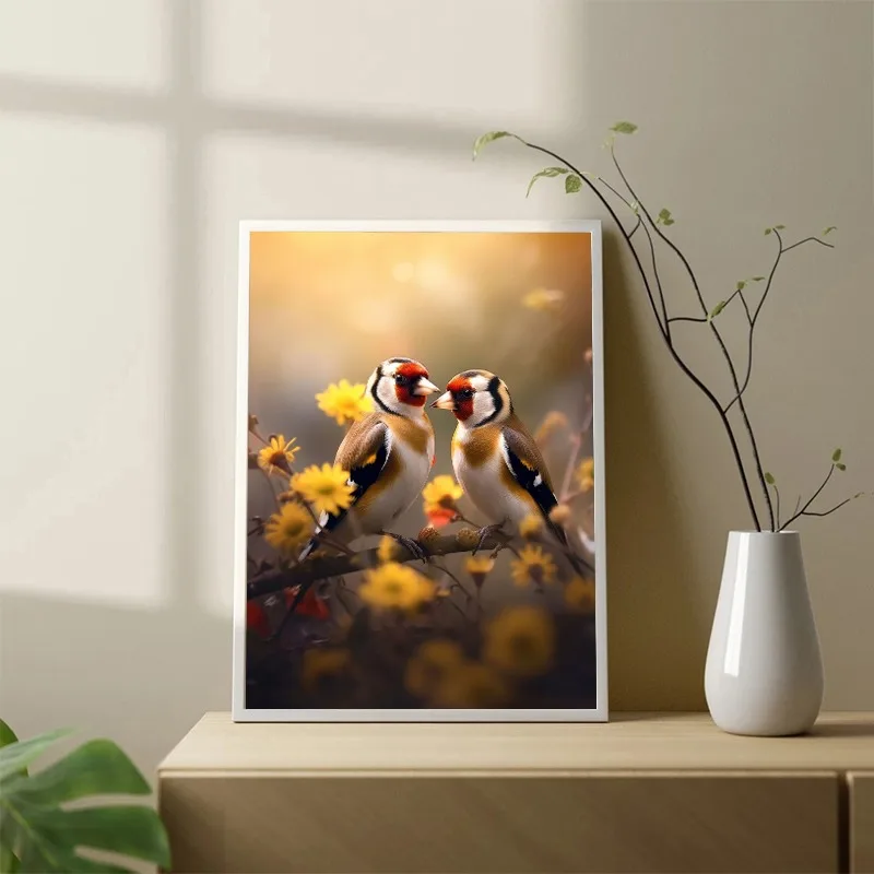 Beautiful Animal Goldfinch Bird Couple with Flower Posters Prints Canvas Painting Wall Art Picture for Living Room Home Decor