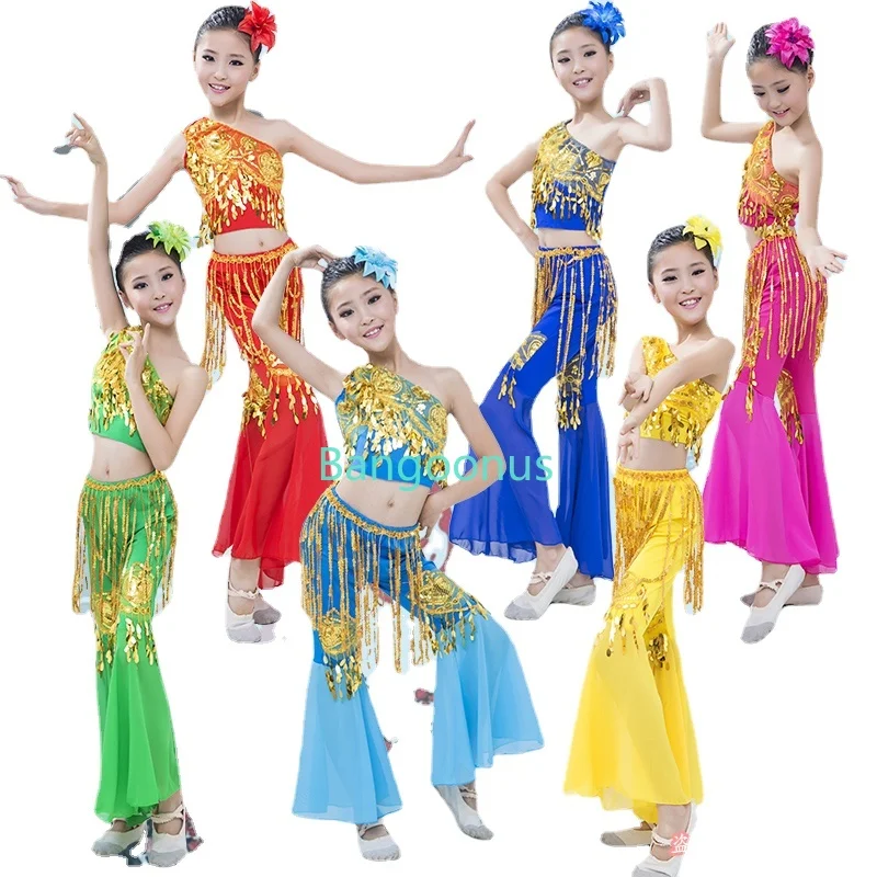 Conjunto de traje de danza del vientre para niños y niñas, traje de baile de vientre de Bollywood, traje de actuación indio, Top y falda, nuevo, barato