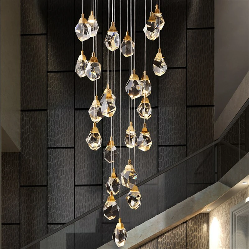 New Modern Crystal Pendant Chandelier Duplex Villa Stair Lamp Living Room Bedroom Kitchen Island Lamp Home Decorative Lighting