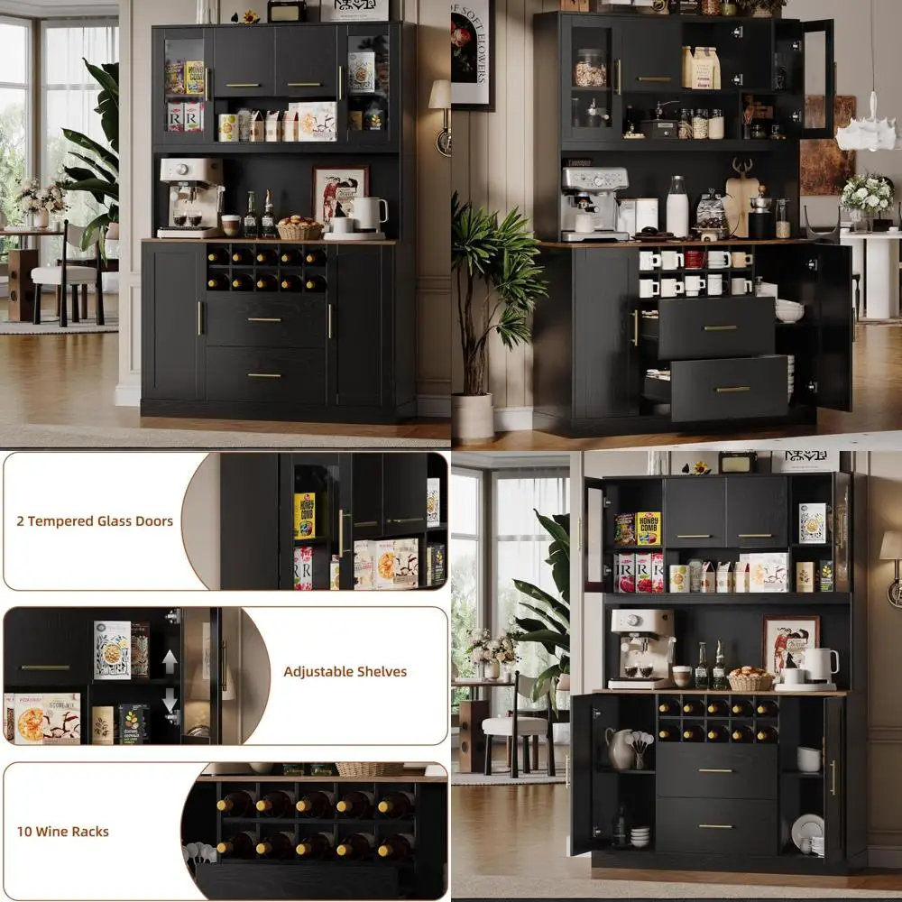 Kitchen Pantry Storage Cabinet with Microwave Stand, Freestanding Hutch Cabinet, 10 Wine Racks, 5 Cabinets, 2 Doors - Space-Savi