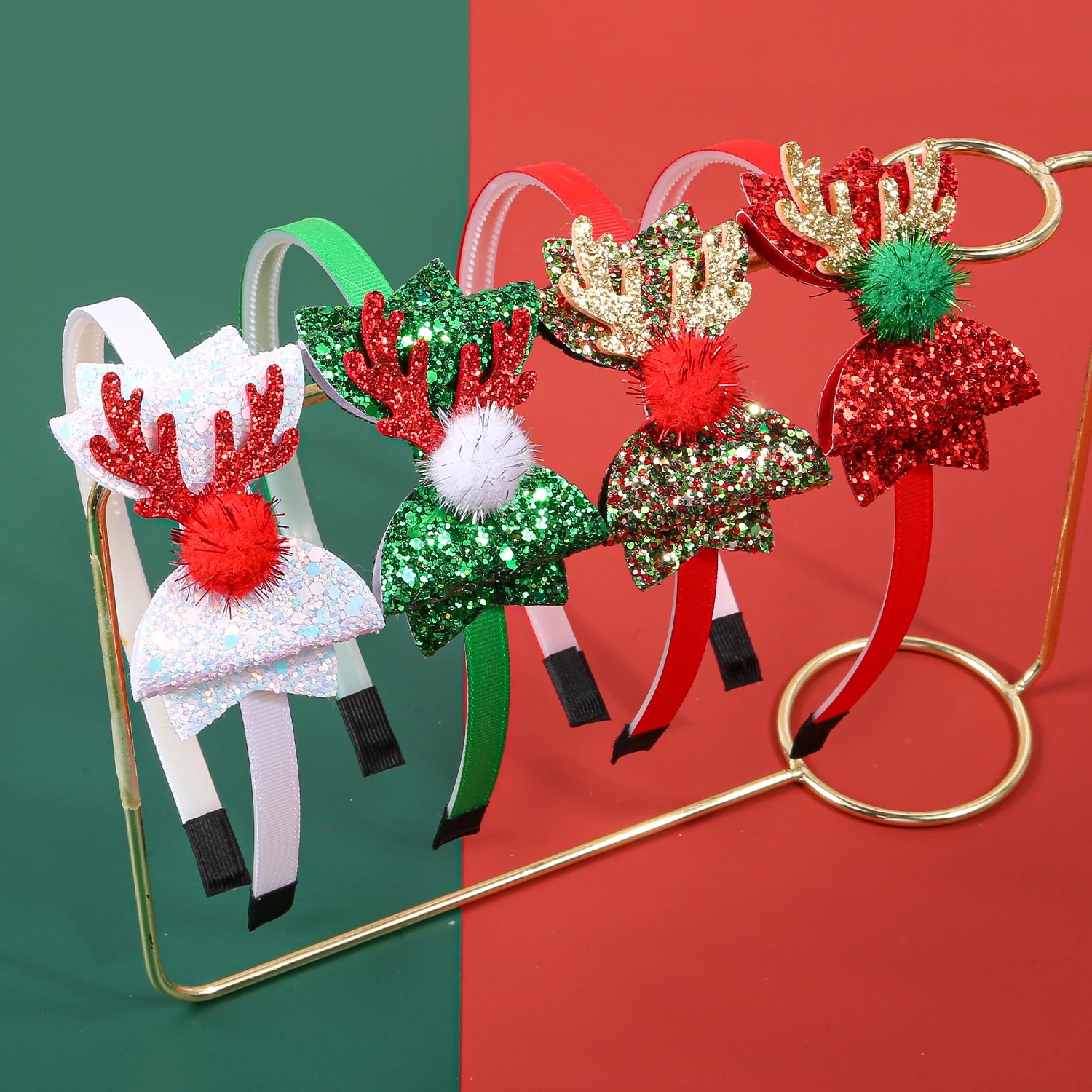 

4/8pcs Golden Wool Ball Antler Sequined Glitter Bow Headbands For Girls Kids Women Christmas Party Deco Hair Accessories