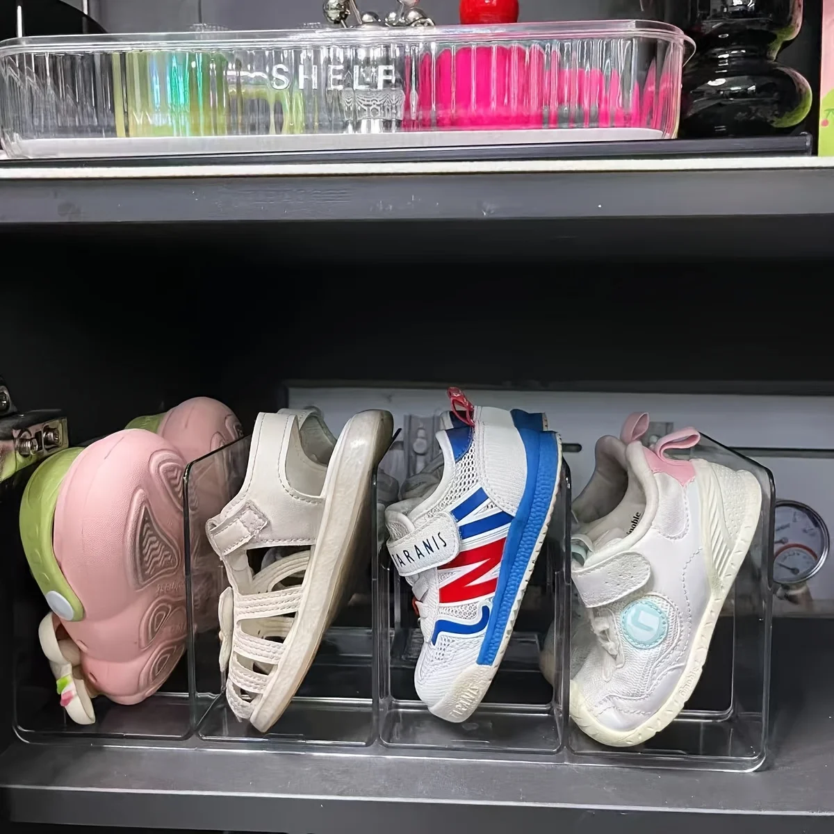 2 Clear Double-Layer Plastic Shoe Storage Rack No Assembly Space Saving Closet Wardrobe Entryway Organizer Shelf Dividers
