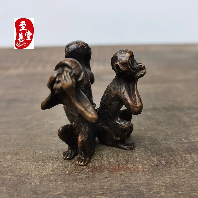 Antique collectible, old patina, antique-style alloy copper living room decoration, Three Monkeys figurine3*3*3CM