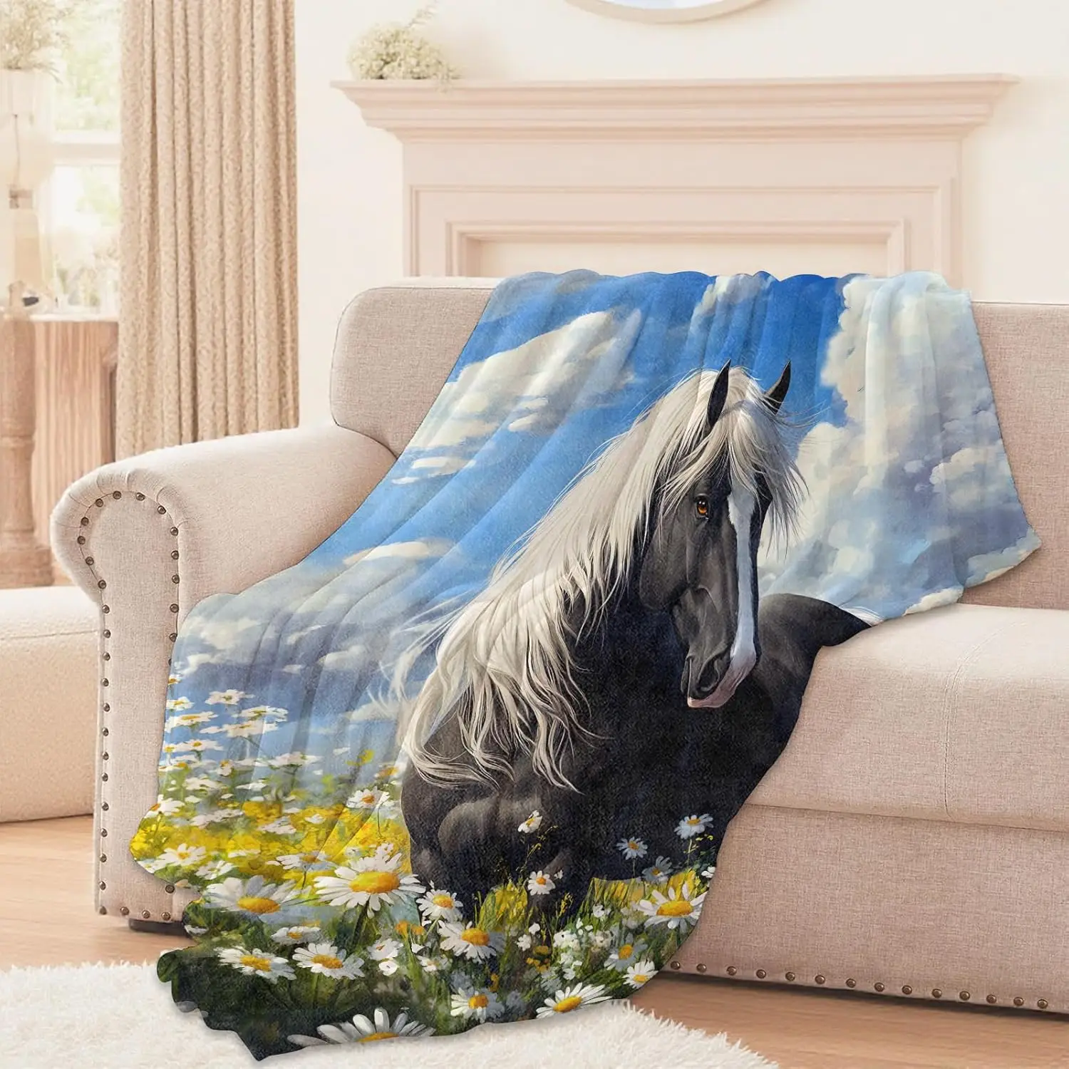 Rustic Equestrian Horse Spring Floral Canvas Throw Blanket Art for Cottagecore Farmhouse Home Decor Gift