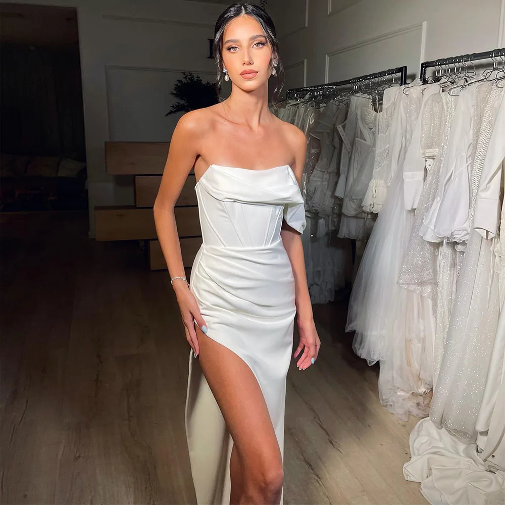 Simple Wedding Dress Off Shoulder Thigh-High Split Sexy Wedding Gowns for Women 2023 Bride Satin Sheath/Column Ivory Bridal Gown