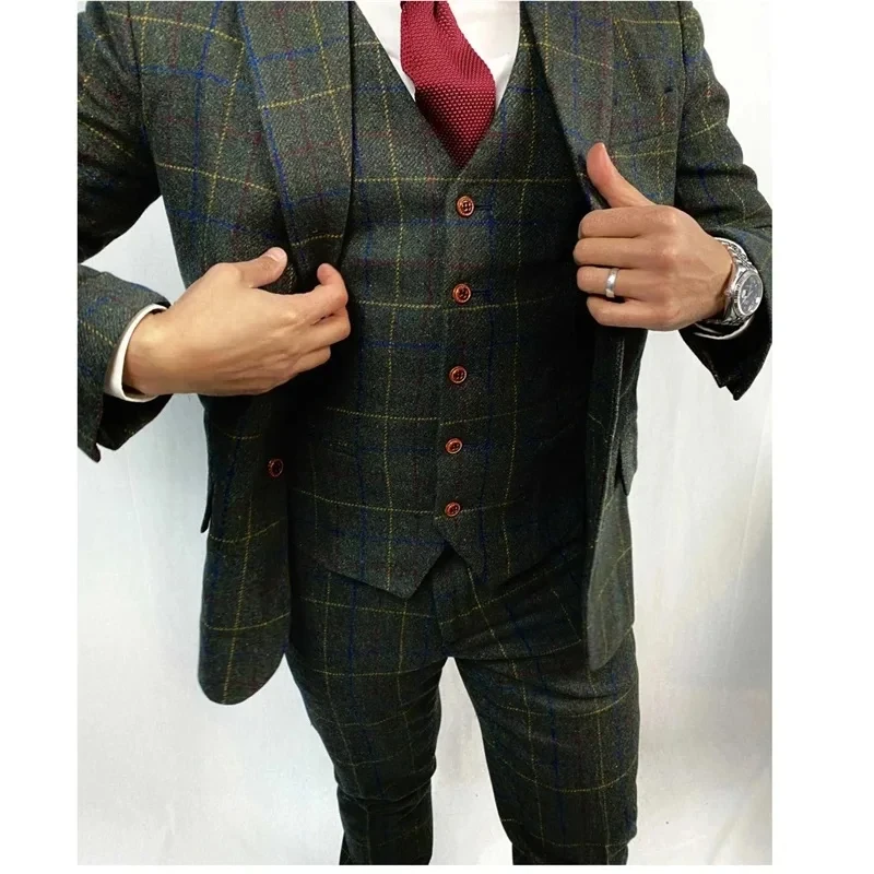 

Plaid Tweed Men Suit Set 3 Pieces Blazer+Vest+Pants Formal Business Work Wear Office Male Jacket Coat Trousers Wedding Tuxedos