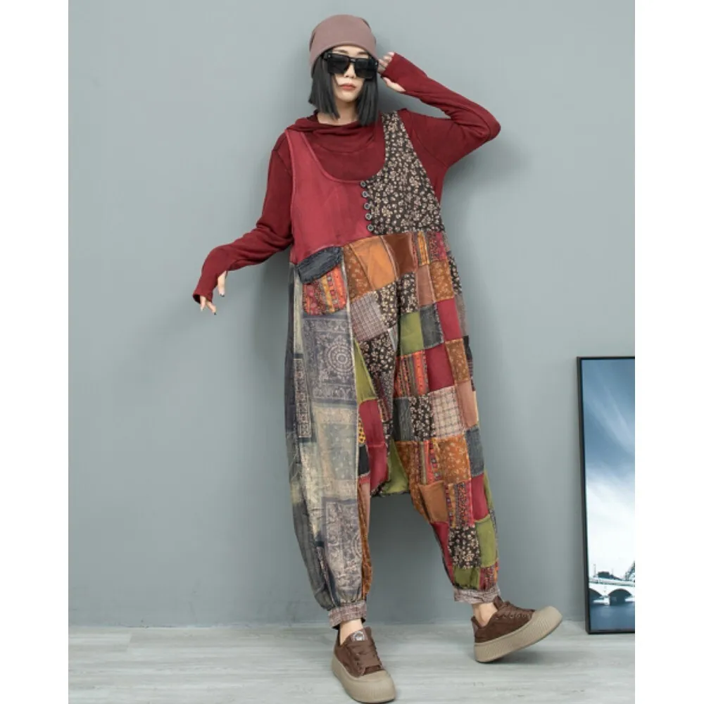 Vintage Heavy Industry Color Contrasting Splicing Strap Pants Women 2024 Autumn Loose Old Fabric Jumpsuit LX2330