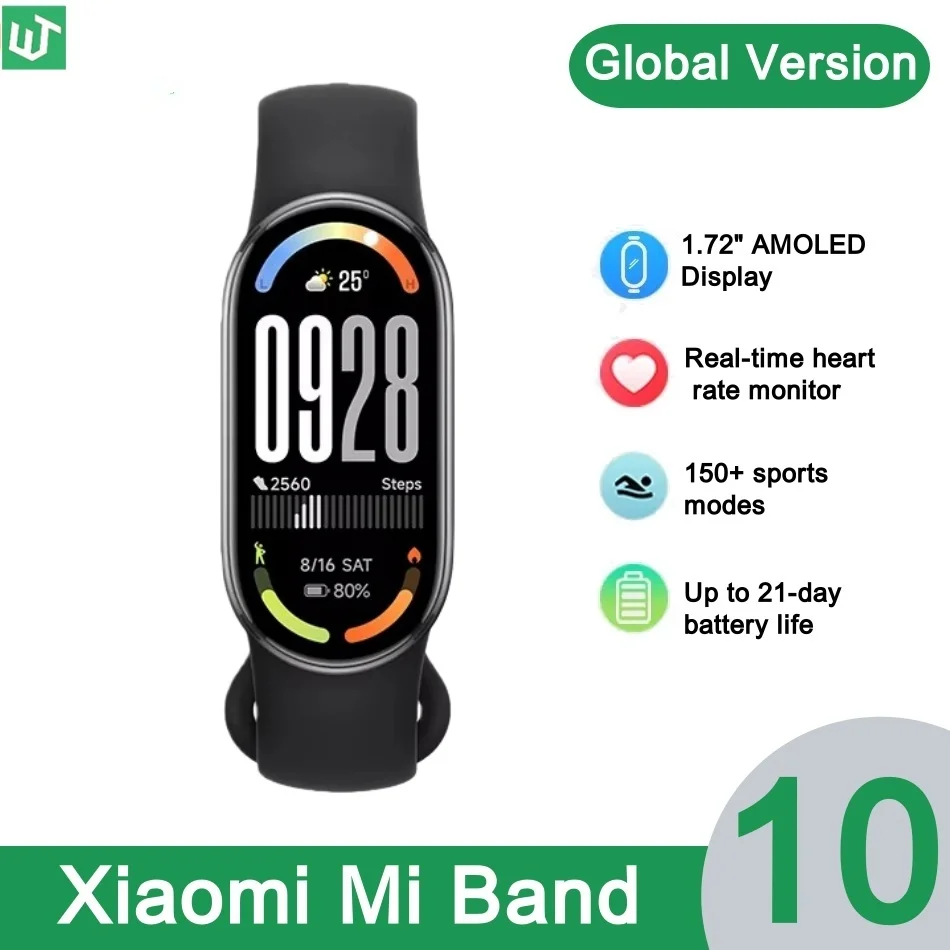 

Global Version Xiaomi Smart Band 10 1.72" AMOLED 150+ Sports Modes Heart Rate Monitoring 21 Day Battery 5ATM Sports Bracelet
