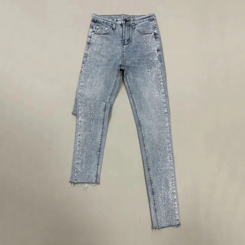 Fashion Rhinestone Jeans Female Spring And Summer 2024 New Korean Version Of High Waist Slim Elastic Feet Pants Pencil Pants