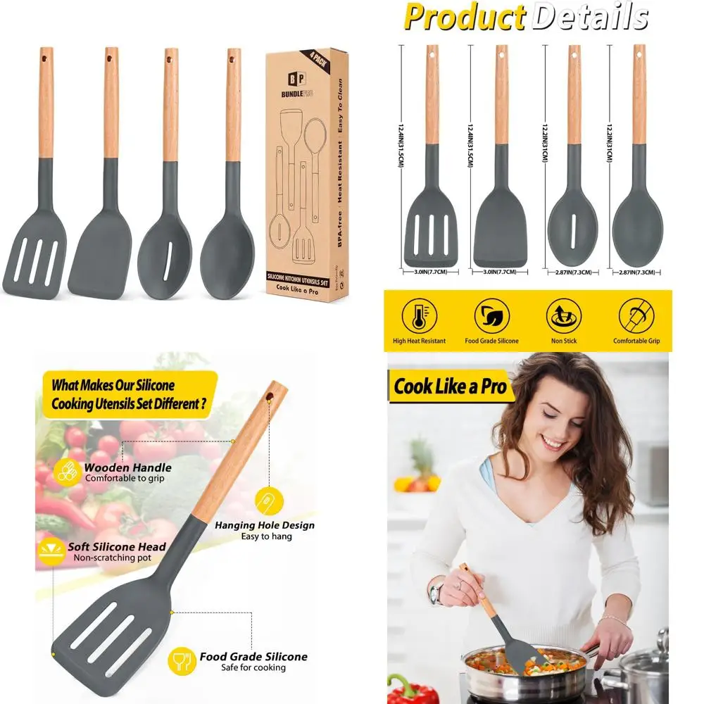 

pack of 4 silicone cooking utensils set, non stick solid spatulas and heat resistant slotted spoons with wooden handle, ideal wo
